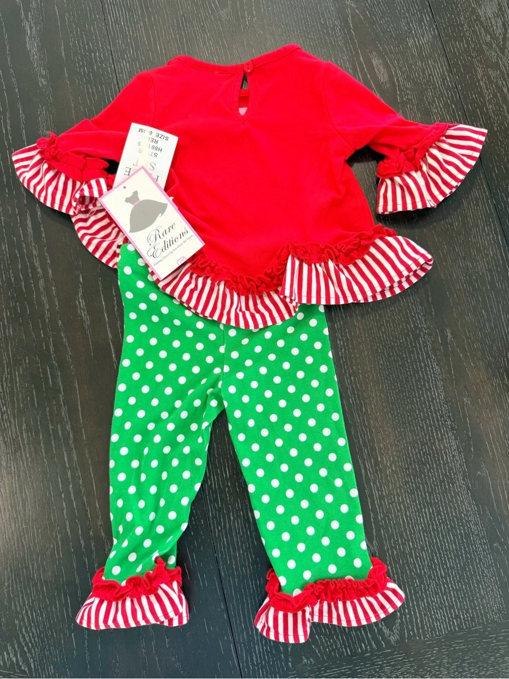 Rare Editions Red and Green Holiday Tree Top & Polka Dot Leggings Set 6-9M.